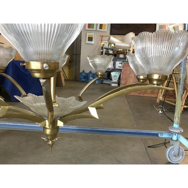 Bronze Modernist Lighting Bolt Chandelier with Holophane Glass Fixtures - 7