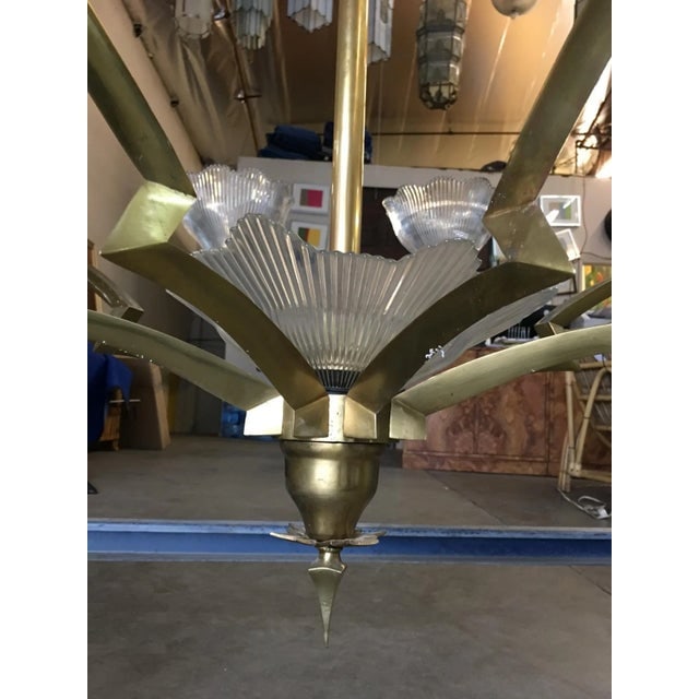 Bronze Modernist Lighting Bolt Chandelier with Holophane Glass Fixtures - 9