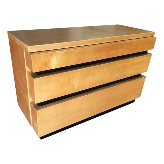 1940s Eliel Saarinen Inspired Streamline Moderne Lowboy Dresser W/ Black Front: Title: 1940s Eliel Saarinen Inspired Streamline Moderne Lowboy Dresser W/ Black Front Description: Eliel Saarinen inspired this streamlined, modern lowboy dresser with a dark stain and unique wrap-aro