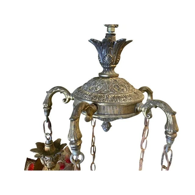 Hollywood Regency Jewel Prisms Filigree 5 Light Hanging Chandelier, Circa 1950 - 10