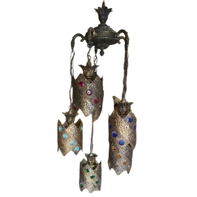 Hollywood Regency Jewel Prisms Filigree 5 Light Hanging Chandelier, Circa 1950 - 12