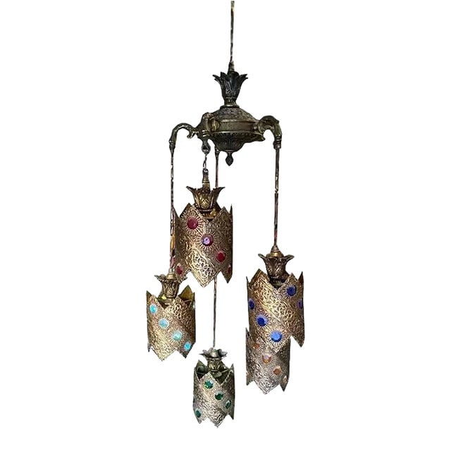 Hollywood Regency Jewel Prisms Filigree 5 Light Hanging Chandelier, Circa 1950 (1 of 12)