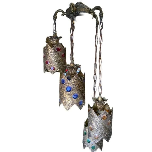 Hollywood Regency Jewel Prisms Filigree 5 Light Hanging Chandelier, Circa 1950 - 2