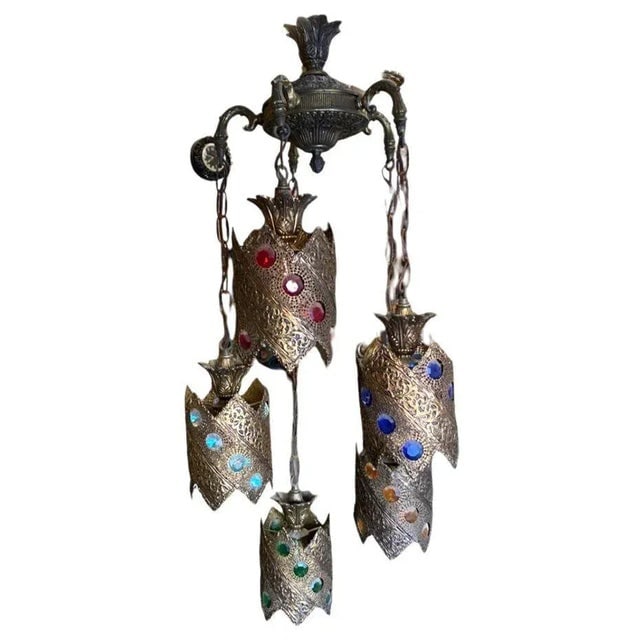 Hollywood Regency Jewel Prisms Filigree 5 Light Hanging Chandelier, Circa 1950 - 3