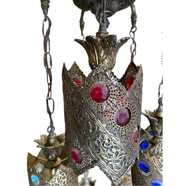 Hollywood Regency Jewel Prisms Filigree 5 Light Hanging Chandelier, Circa 1950 - 4