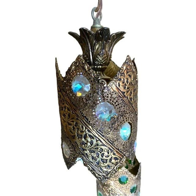 Hollywood Regency Jewel Prisms Filigree 5 Light Hanging Chandelier, Circa 1950 - 5