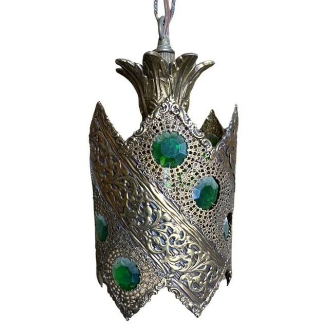 Hollywood Regency Jewel Prisms Filigree 5 Light Hanging Chandelier, Circa 1950 - 8