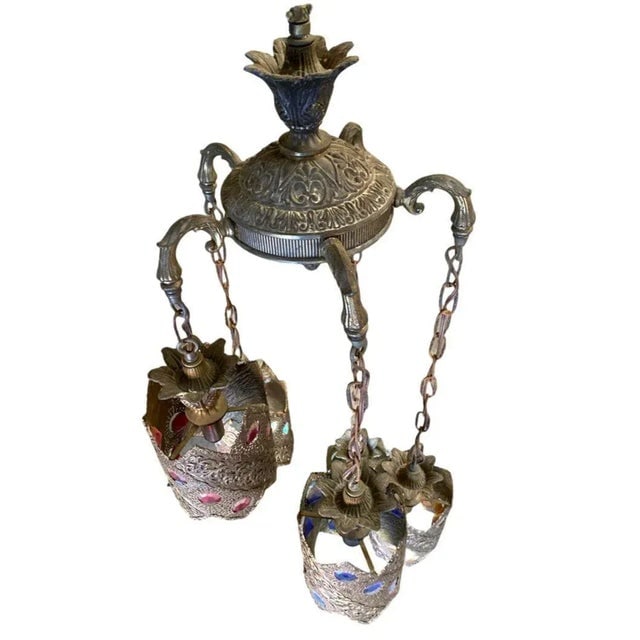 Hollywood Regency Jewel Prisms Filigree 5 Light Hanging Chandelier, Circa 1950 - 9