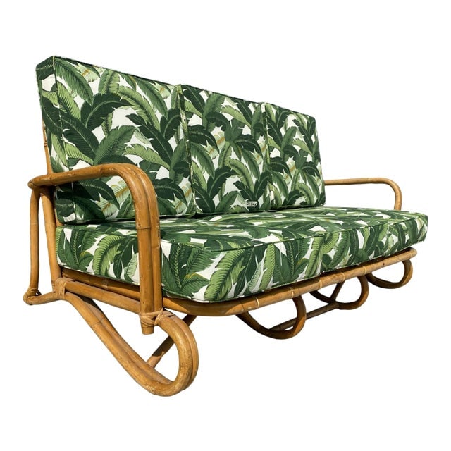 Restored Vintage "Hairpin" Leg Rattan 2-Strand 3-Seater Sofa With Bent Pole Arms: Title: Restored Vintage "Hairpin" Leg Rattan 2-Strand 3-Seater Sofa With Bent Pole Arms Description: Original 1950s "Hairpin" leg rattan 2-Strand 3-seater sofa with bent pole arms. This sofa features 