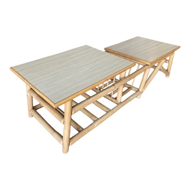 Restored Vintage Asymmetric Two-Tier Rattan Coffee Table W/ Architectural Base (1 of 8)