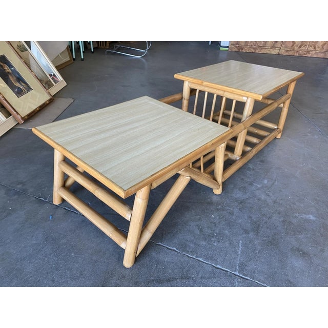 Restored Vintage Asymmetric Two-Tier Rattan Coffee Table W/ Architectural Base - 2