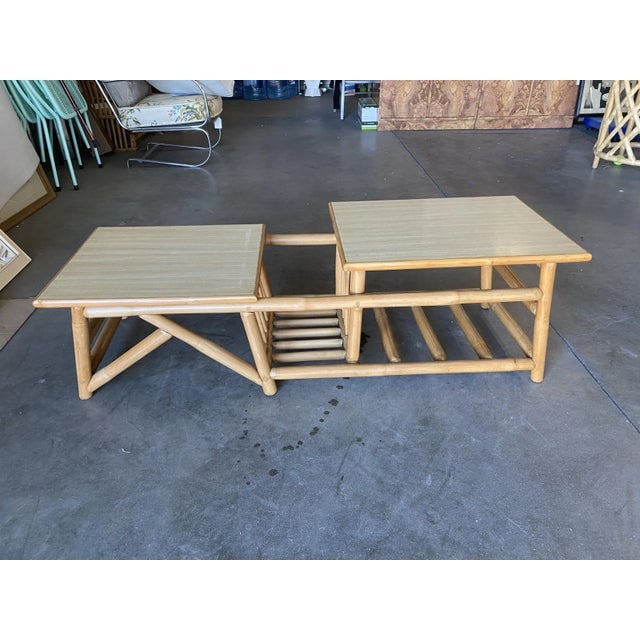 Restored Vintage Asymmetric Two-Tier Rattan Coffee Table W/ Architectural Base - 3