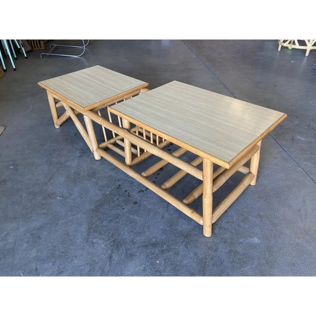 Restored Vintage Asymmetric Two-Tier Rattan Coffee Table W/ Architectural Base - 4