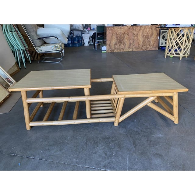 Restored Vintage Asymmetric Two-Tier Rattan Coffee Table W/ Architectural Base - 6