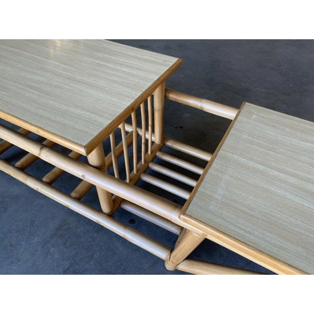 Restored Vintage Asymmetric Two-Tier Rattan Coffee Table W/ Architectural Base - 7