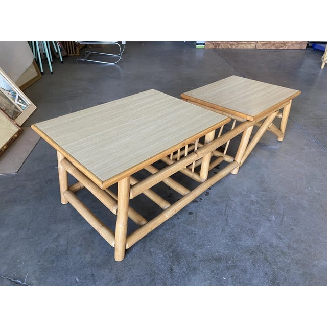 Restored Vintage Asymmetric Two-Tier Rattan Coffee Table W/ Architectural Base - 8
