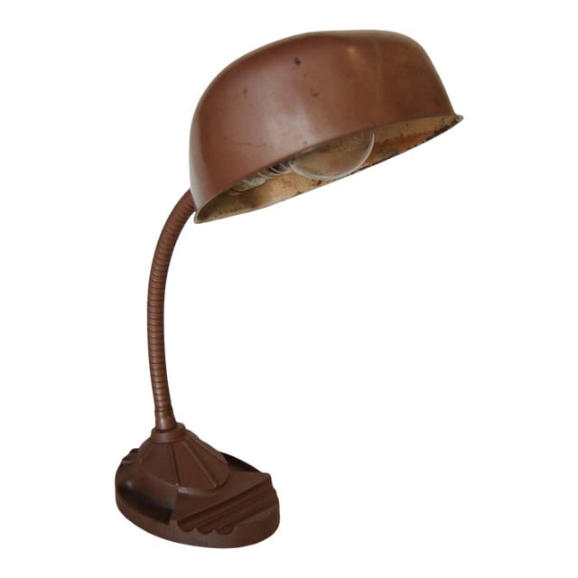 Art Deco Style Copper Gooseneck Desk Lamp With Pen Holder: Title: Art Deco Style Copper Gooseneck Desk Lamp With Pen Holder Description: Art deco style machine age brown metal gooseneck desk lamp with a pen holder. Reserve: $248.40 Shipping: Domestic: Shippin