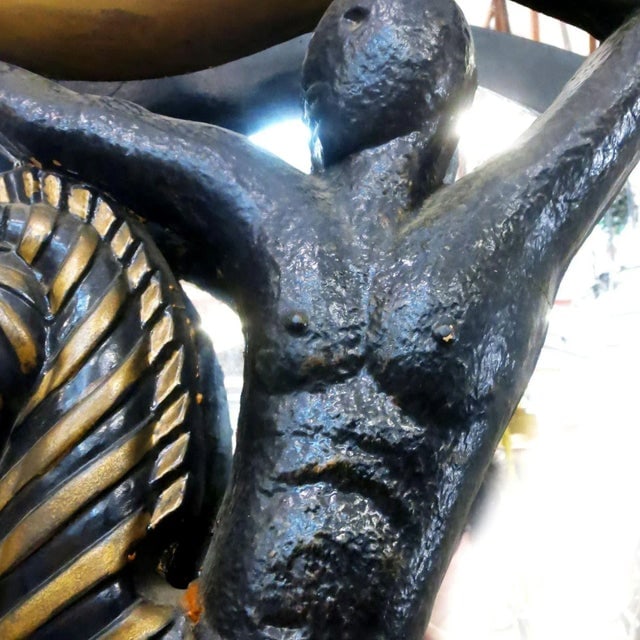 1950s Large Mid Century Wall Mirror With Carved Tribal Sculptures in the Center - 3