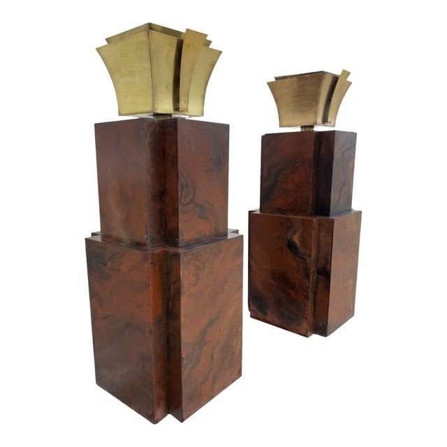 1980s Hollywood Art Deco Style Wood & Brass 9' Tall Torchiere Floor Lamp, Pair (1 of 12)