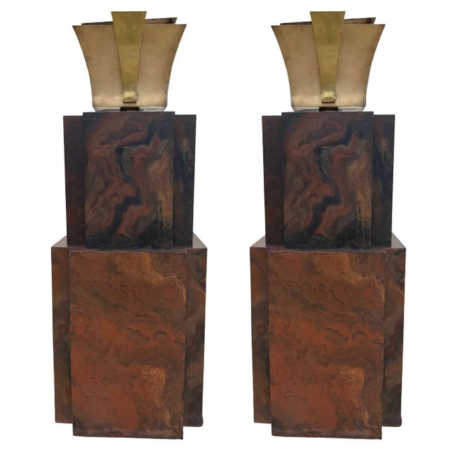 1980s Hollywood Art Deco Style Wood & Brass 9' Tall Torchiere Floor Lamp, Pair - 2