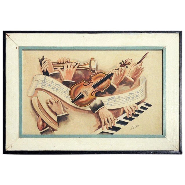 Carlo of Hollywood "Jazz Band" Watercolor Painting: Title: Carlo of Hollywood "Jazz Band" Watercolor Painting Description: Very rare Carlo of Hollywood Mid-Century watercolor painting featuring a full jazz band with an array of musical instruments and 