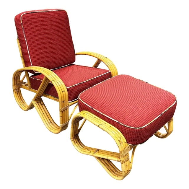 1950s Mid-Century 4-Strand 3/4 Reverse Pretzel Rattan Lounge Chair W/ Matching Ottoman: Title: 1950s Mid-Century 4-Strand 3/4 Reverse Pretzel Rattan Lounge Chair W/ Matching Ottoman Description: This beautifully restored coastal rattan lounge chair set blends vintage charm with modern co