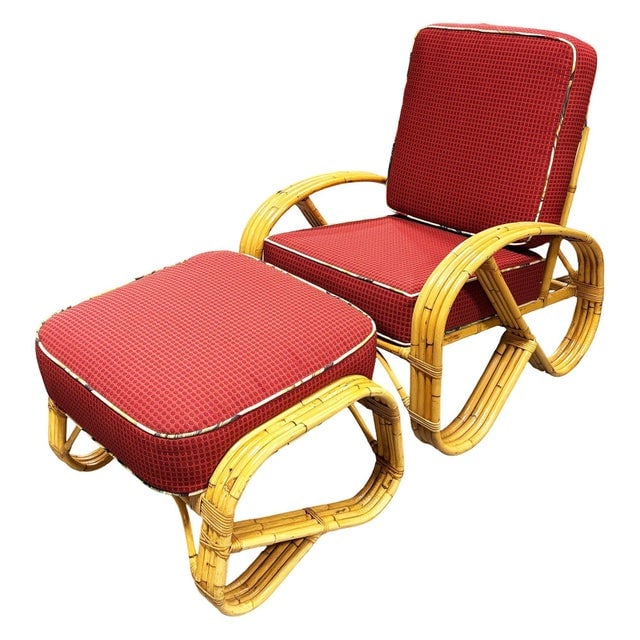 1950s Mid-Century 4-Strand 3/4 Reverse Pretzel Rattan Lounge Chair W/ Matching Ottoman - 3