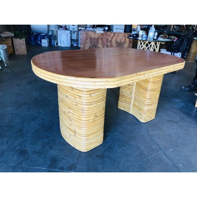 1950s Restored Oval Stacked Rattan Dining Table With Mahogany Top - 10