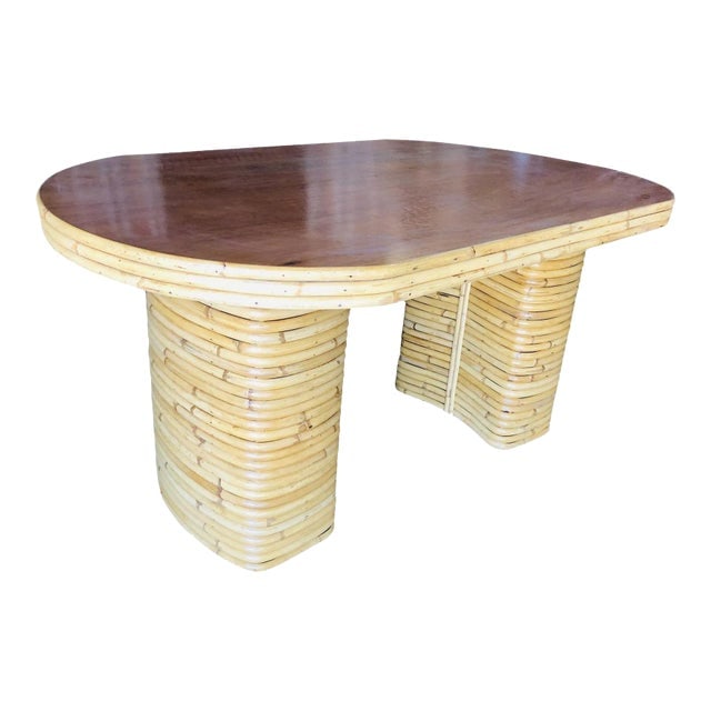 1950s Restored Oval Stacked Rattan Dining Table With Mahogany Top (1 of 11)