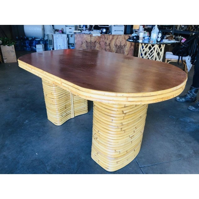 1950s Restored Oval Stacked Rattan Dining Table With Mahogany Top - 2