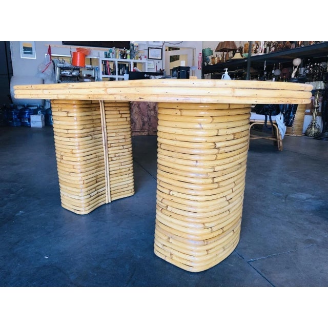 1950s Restored Oval Stacked Rattan Dining Table With Mahogany Top - 3