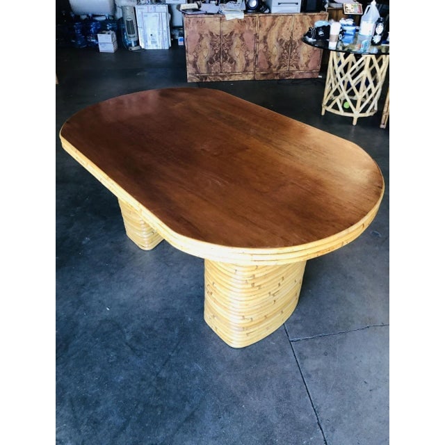 1950s Restored Oval Stacked Rattan Dining Table With Mahogany Top - 4