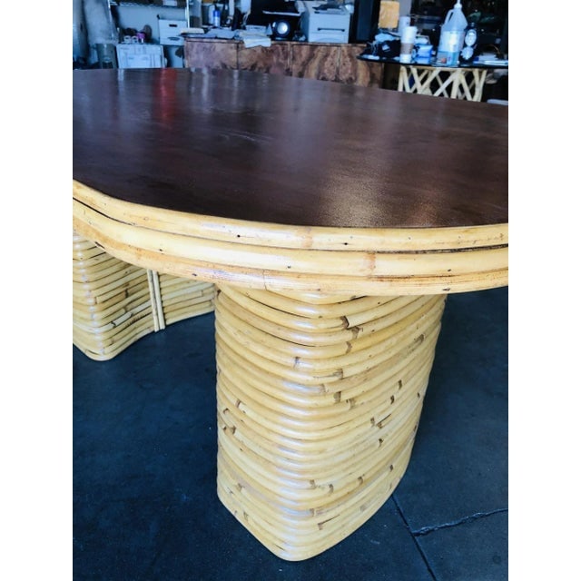 1950s Restored Oval Stacked Rattan Dining Table With Mahogany Top - 5
