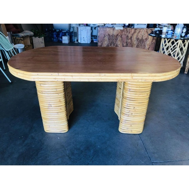 1950s Restored Oval Stacked Rattan Dining Table With Mahogany Top - 6