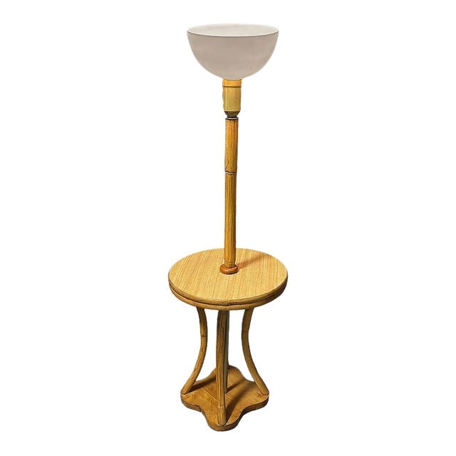 Restored Rattan & Mahogany Hourglass Side Table Torchiere Floor Lamp (1 of 8)