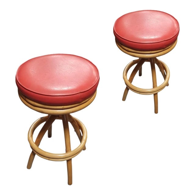 1950s Restored Rattan Spiral Leg Strand Set of Two Single Stand Red Bar Stools (1 of 5)