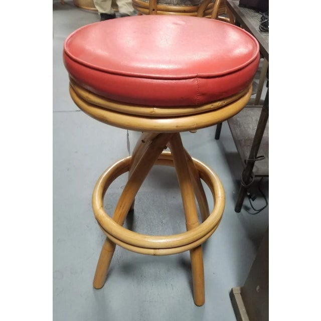 1950s Restored Rattan Spiral Leg Strand Set of Two Single Stand Red Bar Stools - 2