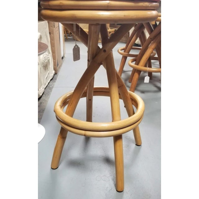 1950s Restored Rattan Spiral Leg Strand Set of Two Single Stand Red Bar Stools - 3