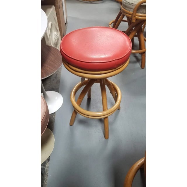 1950s Restored Rattan Spiral Leg Strand Set of Two Single Stand Red Bar Stools - 4