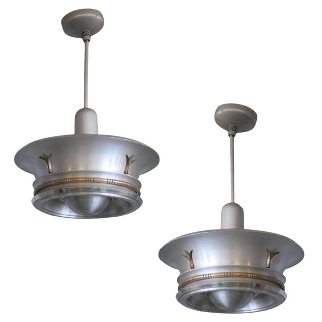 Aluminum Ceiling Pendants With Neoclassical Accents - A Pair: Title: Aluminum Ceiling Pendants With Neoclassical Accents - A Pair Description: Aluminum ceiling pendants with elegant neoclassical brass accents. Pair. Reserve: $1,242.00 Shipping: Domestic: