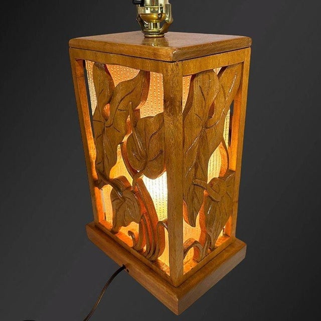 1960s Post War Carved Mango Wood Tropical Mid Century Table Lamp - 13