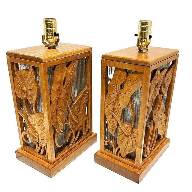 1960s Post War Carved Mango Wood Tropical Mid Century Table Lamp - 4