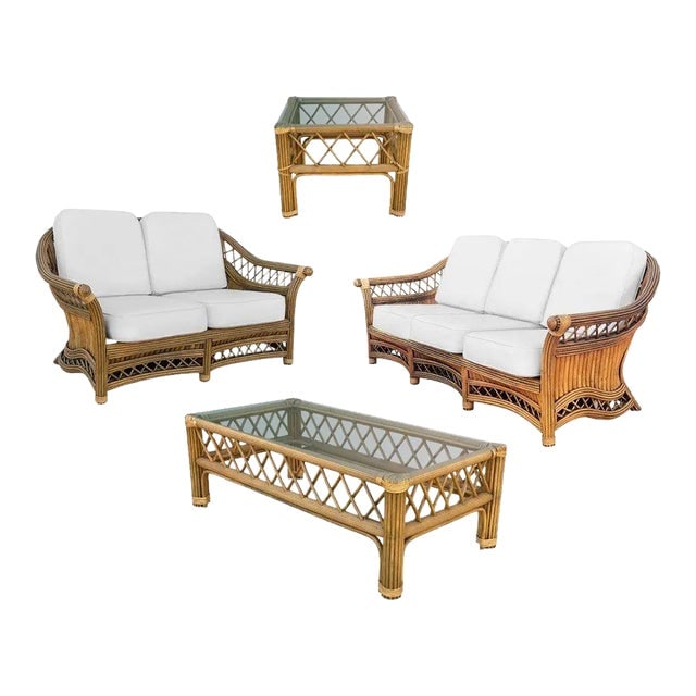 1930s Art Deco "President" Stick Reed Rattan Fan Back Living Room Furniture Set- 4 Pieces: Title: 1930s Art Deco "President" Stick Reed Rattan Fan Back Living Room Furniture Set- 4 Pieces Description: The Art Deco "president" stick reed rattan fan back living room set featuring a 3 seater s