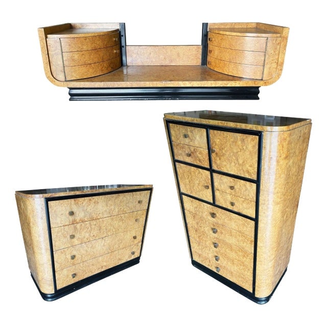 1930s Streamline Art Deco Dresser & Vanity Bedroom Set by Donald Deskey for Widdicombe - Set of 3: Title: 1930s Streamline Art Deco Dresser & Vanity Bedroom Set by Donald Deskey for Widdicombe - Set of 3 Description: Original English European high-style Art Deco bronze and bird's-eye matching bedro