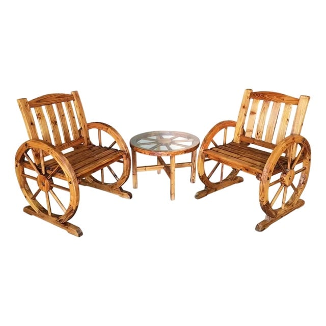 Southwestern Wooden Wagon Wheel Table and Chairs Set, 1960s (1 of 7)