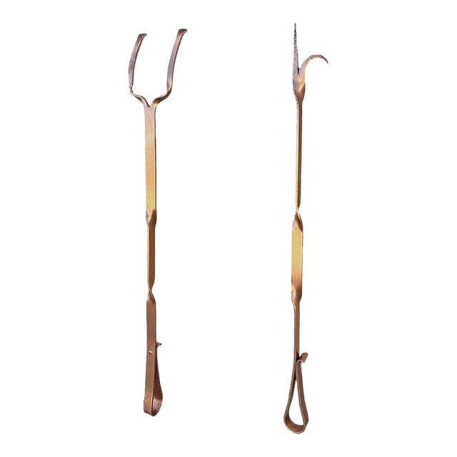 1930s Solid Copper Art Deco Fireplace Poker and Tongs Tools- 2 Pieces: Title: 1930s Solid Copper Art Deco Fireplace Poker and Tongs Tools- 2 Pieces Description: Handcrafted solid copper Art Deco era fireplace tool set including a poker and tongs. Each tool is formed from