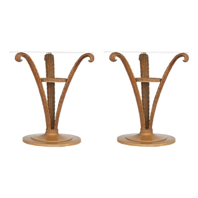 1940s Art Deco Sculpted Wood Plume Round Pedestal Side Table by Grosfeld House, Pair: Title: 1940s Art Deco Sculpted Wood Plume Round Pedestal Side Table by Grosfeld House, Pair Description: Pair of Art Deco sculpted wood plume side tables by Grosfeld House. Each table is made of three
