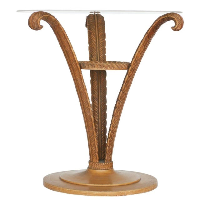 1940s Art Deco Sculpted Wood Plume Round Pedestal Side Table by Grosfeld House, Pair - 2