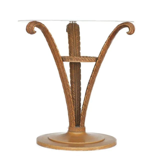 1940s Art Deco Sculpted Wood Plume Round Pedestal Side Table by Grosfeld House, Pair - 3