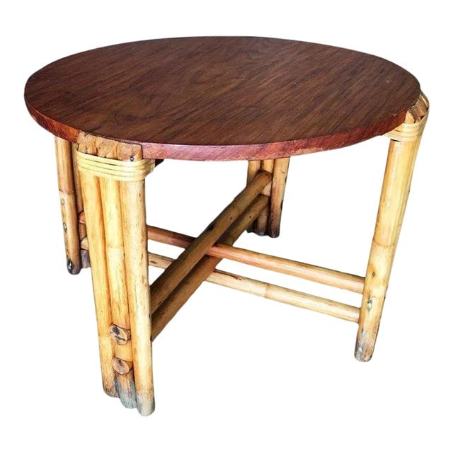 Restored Round Rattan Coffee Table W/ Mahogany Top (1 of 6)
